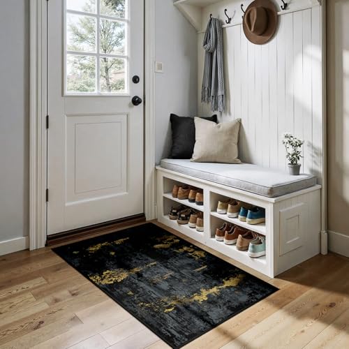 RELEANY Washable 3'x4' Abstract Area Rug for Living Room Black Gold - color: Black/Gold, size: 3' x 4' (Rectangular)
