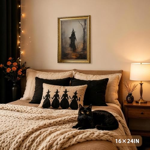 AVECCO Halloween Witch Broomstick Forest Wall Art Canvas Framed 8x10 inch - color: Witch, size: 10"L x 8"W