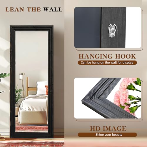 58x22in Full Length Mirror, 3-Tier Stepped Solid Wood Frame, Black - color: Black, size: 58"L x 22"W