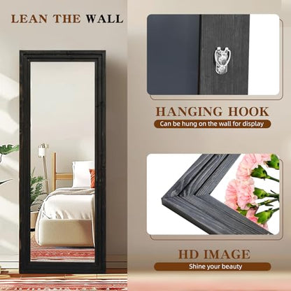 58x22in Full Length Mirror, 3-Tier Stepped Solid Wood Frame, Black - color: Black, size: 58"L x 22"W