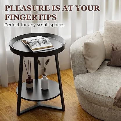 Gadroad Round End Table with Storage Shelf, Black - color: Black, size: 15.7"D x 15.7"W x 23"H (no Charging Station)