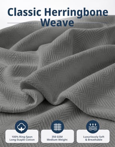 LANE LINEN 100% Cotton Blanket King, Textured Herringbone Weave - color: 04: Grey, size: King
