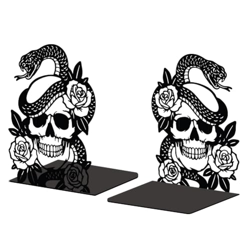 Peacoblue 5.3"x4.3"x6.7" Metal Bookends, Heavy Duty Book Ends for Shelves - style: Skulls and Snakes
