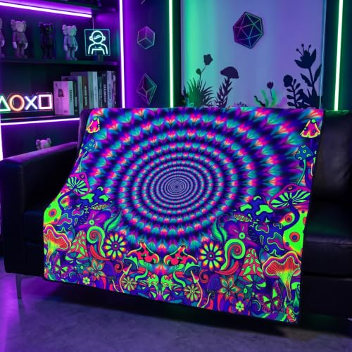 Blacklight Mushroom Throw Blankets Glow in the Dark Black Light Fantasy Mushroom Throw UV Reactive Cool Blanket Throw for Bedroom Dorm Decor 59”x51” - color: Mushroom Wave