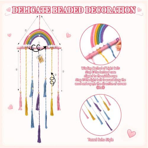 Rainbow Macrame Wall Decor Hanging Photo Display with Light Tassel