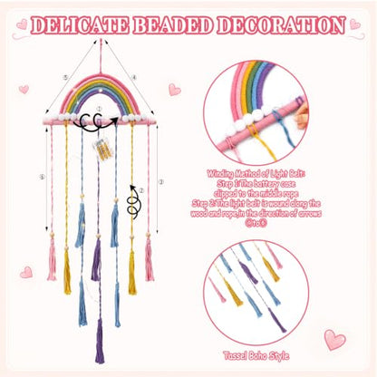 Rainbow Macrame Wall Decor Hanging Photo Display with Light Tassel