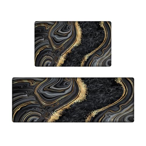 Kitchen Mats Set of 2, Cushioned Anti Fatigue Non Slip Waterproof Runner, Black Marble and Golden Veins Design, PVC Memory Foam for Kitchen Sink and Laundry - color: Black Marble 2