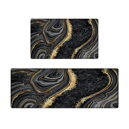 Kitchen Mats Set of 2, Cushioned Anti Fatigue Non Slip Waterproof Runner, Black Marble and Golden Veins Design, PVC Memory Foam for Kitchen Sink and Laundry - color: Black Marble 2