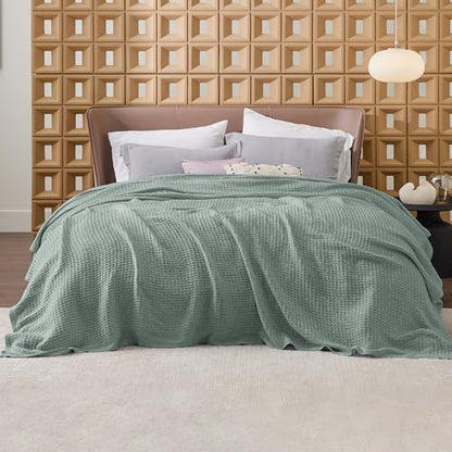 Bedsure 100% Cotton Blanket, Waffle Weave, Full Size, Green, 80"x90" - color: 04 Green, size: Full (80" X 90")