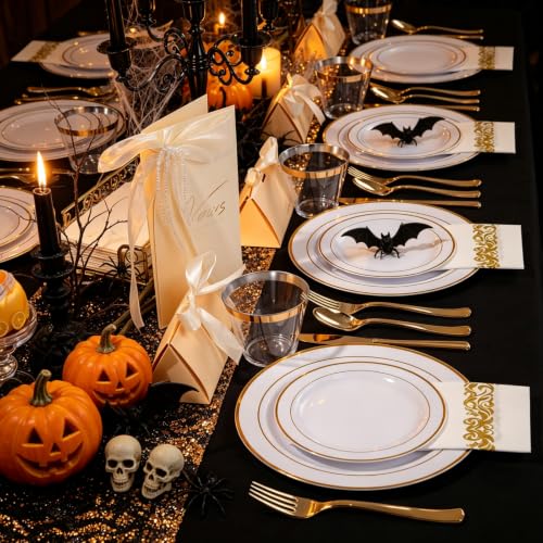 WELLIFE 700 Pieces Gold Plastic Dinnerware Set for 100 Guests - Includes Plates, Cups, Napkins, and Disposable Cutlery - Elegant White & Gold Design, Perfect for Parties and Events - color: Gold, style: 700PCS（100Guests）