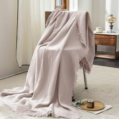 FOSSA Muslin Blanket 4-Layer 100% Cotton Gauze Blanket with Fringe 66"x90" - color: Greyish Pink, size: Twin XL (66" × 90")