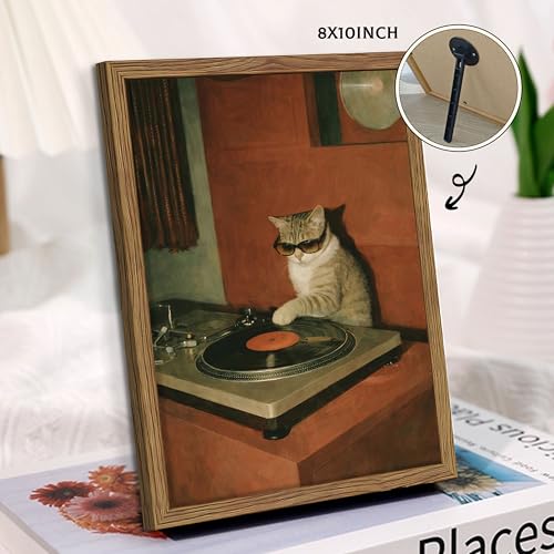 Framed Vintage DJ Cat Canvas Wall Art, Cool Tabby Cat Playing Vinyl Record Poster Print, Retro Trend Music Animal Artwork, Hip Hop Aesthetic Wall Decor for Living Room Bedroom Studio 8x10in - color: Cool Cat DJing, size: 10"L x 8"W
