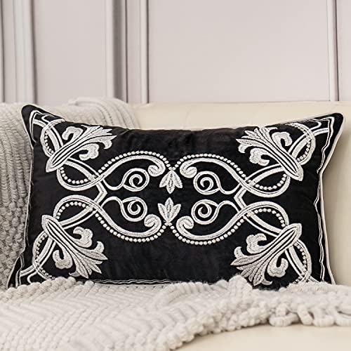 Aeckself European Floral Pillow Cover 12x20 Inch, Luxury Velvet Embroidered Lumbar Pillow Case for Sofa Bedroom Living Room White Black - color: Black, size: 20" x 12" (Pack of 1)