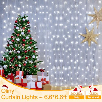 Ollny Curtain Lights 6.6x6.6ft, 200 LED White Christmas Lights with Remote - color: Cool White, size: 200 LED