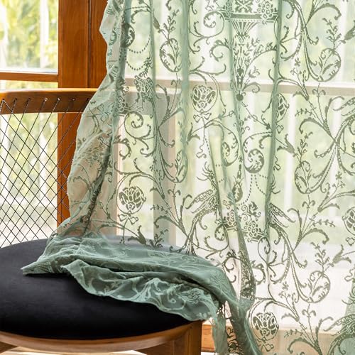 TUDECO Olive Green Lace Curtains 63 Inch Length, Sheer Ruffle 2 Panels - color: Olive Green, size: 59"W x 63"L (Pack of 2)