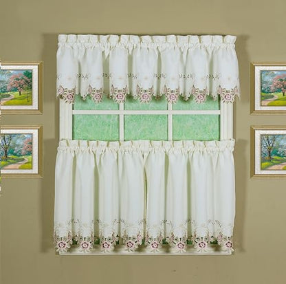 Today's Curtain Verona Reverse Embroidery Tier, 24", Ecru/Rose, 60"W X 24"L - color: Ecru/Rose, size: 60"W x 24"L (Pack of 1)