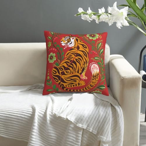 Tiger Folk Art Red Velvet Throw Pillow Covers 18x18Inch - color: Color-8, size: 18" x 18" (Pack of 1)