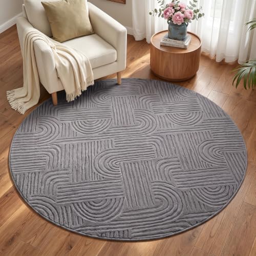 Etwel 5.2 ft Dark Gray Geometric Textured High-Low Pile Washable Round Rug - color: Dark Gray, size: 5'2"