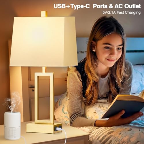 Lolikit 23.5" Touch Control Table Lamps, Metal Bedside Lamp for Bedroom Set of 2 with USB A+C Ports & AC Outlet, 3-Way Dimmable Nightstand Lamp for Living Room (LED Bulb Included) - color: Gold - 23.5"H