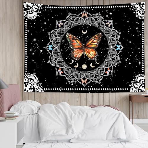 LB Orange Butterfly Tapestry Purple and Blue Butterfly with Boho Mandala Moon Phase Tapestry Wall Hanging White Star Moon Bohemian Aesthetic Wall Art Decor for Bedroom Living Room Dorm 59Wx51L Inches - color: Orange, size: 51"L x 59"W