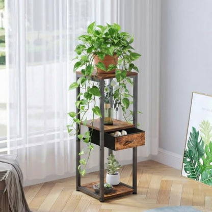 3-Tier Tall Plant Stand with Drawer, Small Square Side Table - size: 3-Tier with Drawer