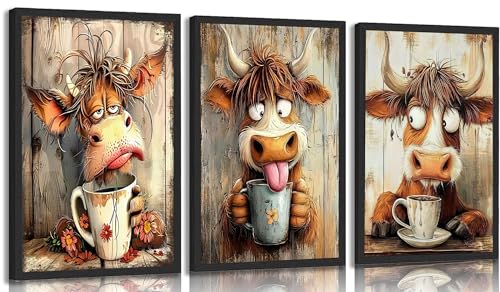 3pcs Funny Cow Canvas Wall Art Humor Dreaming Cow Drinking Coffee Posters Prints Paintings Playful Country Farmhouse Animals Wall Decor Pictures for Living Room Bedroom Home Decoration Unframed - color: Funny Cow, size: 24"L x 16"W-Posters
