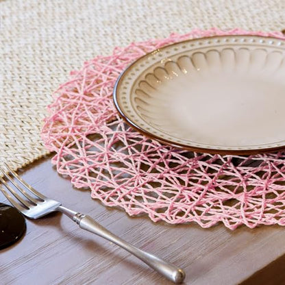 AHHFSMEI Paper Braided Round Placemats Set of 12 Natural Non-Slip Heat Resistant Table Mats for Dining Tables Woven Indoor Outdoor Place mats(Pink) - color: Pink