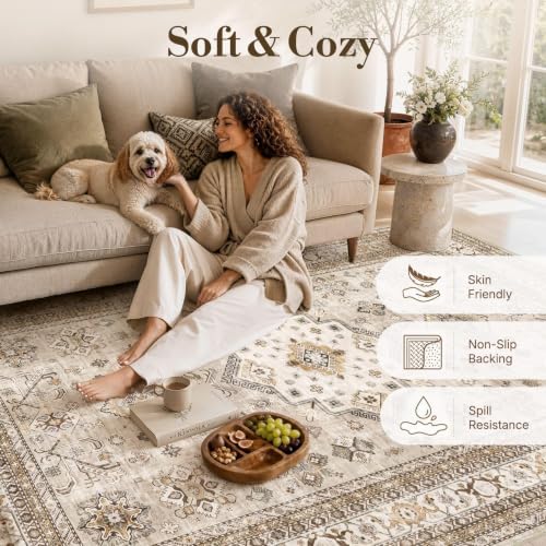 cotiled 5x8 Area Rug for Living Room, Washable, Traditional, Beige - color: Beige, size: 5' x 8' (Rectangular)