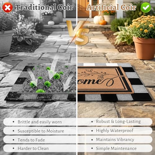 2-Piece Layered Welcome Mat Set - Coir Doormat & Buffalo Plaid Rug - color: Leaf Welcome 2