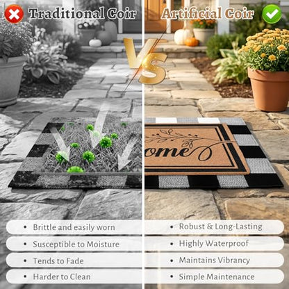 2-Piece Layered Welcome Mat Set - Coir Doormat & Buffalo Plaid Rug - color: Leaf Welcome 2