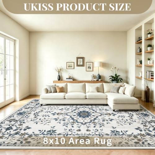 UKISS Washable Rugs 8'x10' Area Rugs for Living Room ，Ultra Silky Floral Rug for Bedroom, Vintage Indoor Floor Large Area Rug，Non Slip Low Pile Carpets for Home Office Blue - color: Beige, size: 8' x 10'