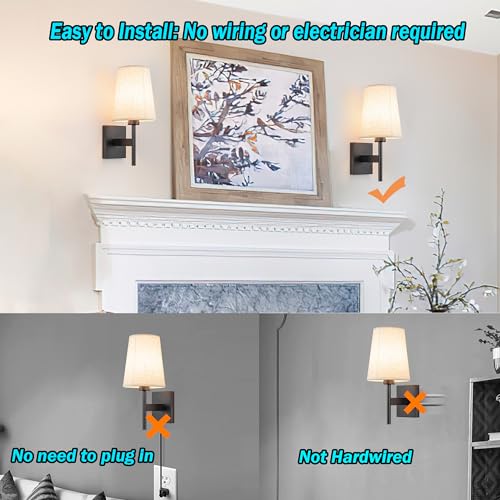 YHCDLAMP Battery Operated Wall Sconces Set of Two,Battery Operated Wall Lights with Remote, Fabric RGB Color Changing Dimmable Wall Lamp for Bedroom Living Room, Easy to Install (Color : Black) - color: Black