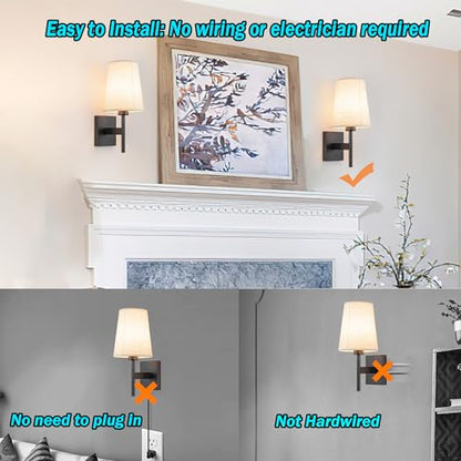 YHCDLAMP Battery Operated Wall Sconces Set of Two,Battery Operated Wall Lights with Remote, Fabric RGB Color Changing Dimmable Wall Lamp for Bedroom Living Room, Easy to Install (Color : Black) - color: Black