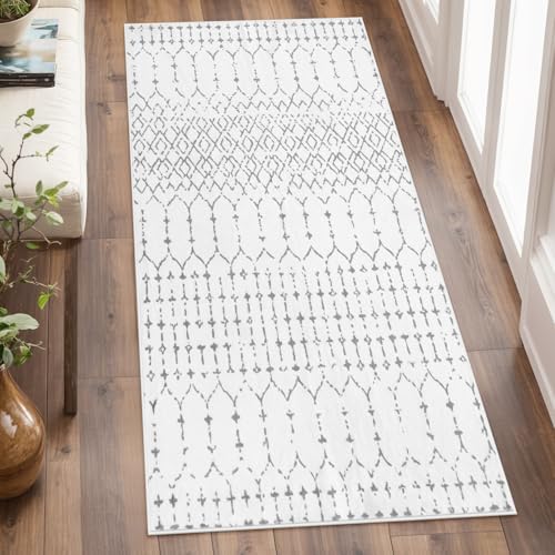Lahome Moroccan Runner Rug for Hallway - 2x4 Rug Washable Non-Slip Small Carpet Runner Lightweight Throw Rubber Back Bath Carpet, Geometric Print Mat for Kitchen Entryway Bedroom Hana (White, 2'x4') - color: White, size: 2' x 4' (Runner)