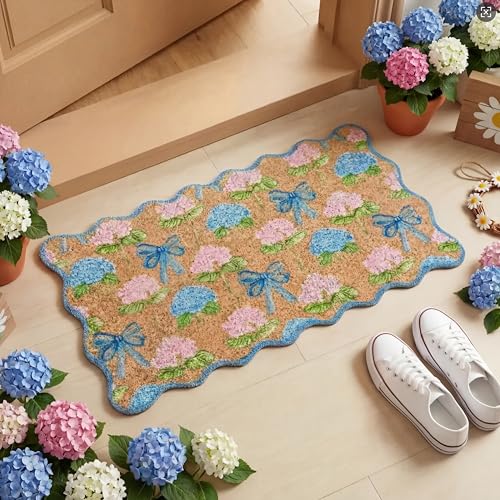 Dunzy Hydrangea Doormat Pink Blue Bow Scalloped Welcome Front Door Mat - style: Hydrangea Bow