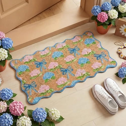 Dunzy Hydrangea Doormat Pink Blue Bow Scalloped Welcome Front Door Mat - style: Hydrangea Bow
