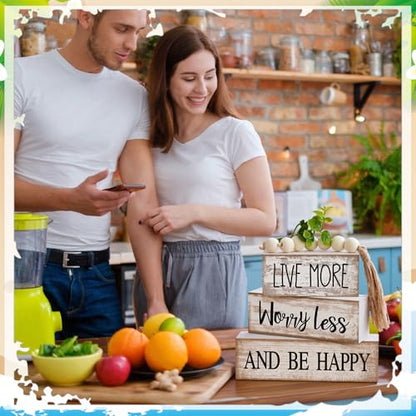 Moucuny 4 Pcs Inspirational Farmhouse Table Decor Rustic Stacked Wooden Block Sign - Live More Worry Less Be Happy Centerpieces Set with Beaded Tassel and Artificial Plant for Home, Office, Shelf Gift - style: Be Happy