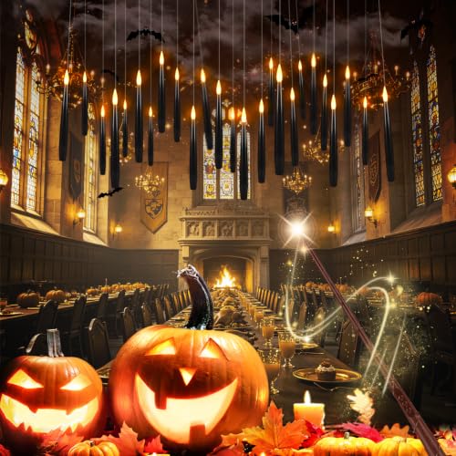 24 Floating Flameless Candles with Wands, Halloween Hanging Decor - color: Black-24Pack