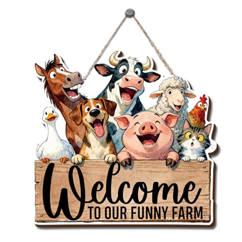 Farmhouse Wall Decor, Welcome to Our Funny Farm Animal Sign, Rustic Wood Hanging Plaque, Cartoon Watercolor Style Wall Art Painting for Porch Entryway Kitchen or Bedroom, 10.2x9.8 Inches - color: Farm 09