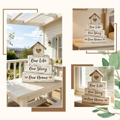 Farmhouse Tiered Tray Decor, 4pcs Our Life Our Story Our Home Table Decor - style: Family