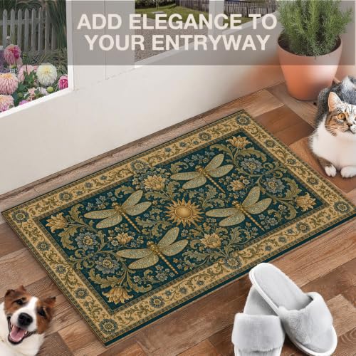 Boho Dragonfly Floral Faux Coco Coir Doormat Door Mat 17x30 - color: Boho Dragonfly