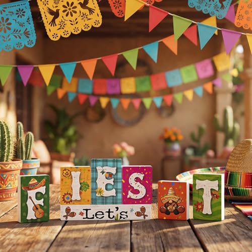 Smile Let's Fiesta Wooden Letter Block Set, 7-Piece Mexican Fiesta Tabletop Decor for Cinco De Mayo Party & Tiered Tray Display - style: Fiesta