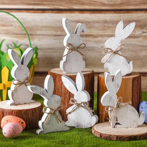 Thinkday 6 Pcs Easter Bunny Wooden Signs Rabbit Spring Table Signs for Home Office Table Wood Bunny Easter Decorations with Ribbons for Tiered Tray Mantel Shelf (Simple Style) - style: Simple Style