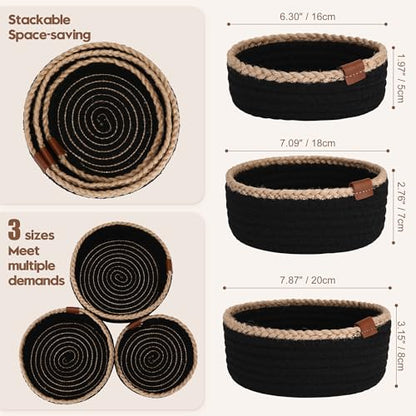 Sea Team 3-Pack Compact Nesting Woven Cotton Rope Storage Baskets, Black - color: Black & Jute