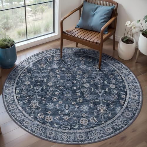 Tangsoo Washable Round Area Rug 4ft,Vintage Blue Circle Rug Non Slip - color: Distressed Blue Black, size: 4' X 4' (Round)