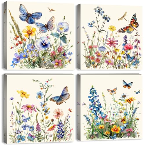 Butterfly Wall Art Farmhouse Wildflower Pictures Wall Decor Bathroom Decor Rustic Botanical Prints Nature Flowers Canvas Paintings Colorful Floral Artwork for Bedroom Home Decorations 12x12" 4Pcs - color: Wildflower, size: 12 x 12 in