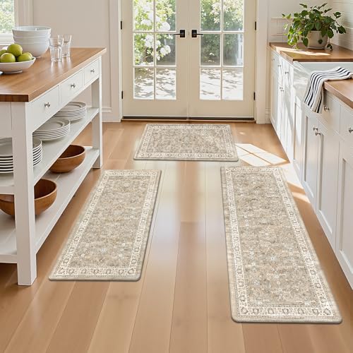 Pauwer Anti Fatigue Kitchen Floor Mats Set of 3, Cushioned Rug, Light Brown - color: Light Brown