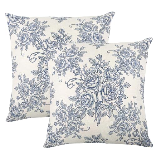 Blue Line Sketch Vintage Rose Floral Linen Pillow Cover 18x18 Inch Set of 2 Classic Farmhouse Decor, Insert Not Included - color: White-blue Classic