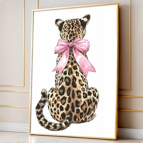 Funky Leopard Wall Art Pink Bow Picture Trendy Cheetah Wall Art Aesthetic Leopard Poster Preppy Cheetah Posters Preppy Bow Paintings Aesthetic Animal Posters for Living Room Dorm 16x24in Frameless - color: Leopard