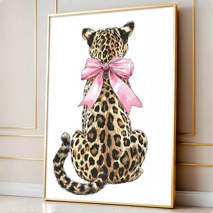 Funky Leopard Wall Art Pink Bow Picture Trendy Cheetah Wall Art Aesthetic Leopard Poster Preppy Cheetah Posters Preppy Bow Paintings Aesthetic Animal Posters for Living Room Dorm 16x24in Frameless - color: Leopard